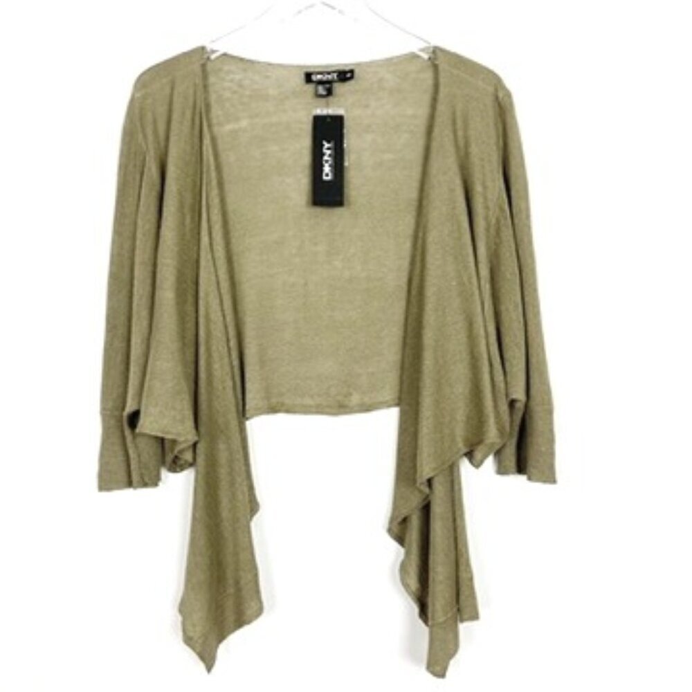 NWT DKNY Cardigan Women's M/L Olive Khaki Cropped 100% Linen Open-Front Sweater